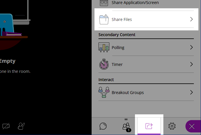 screenshot of collaborate showing location of share files menu item