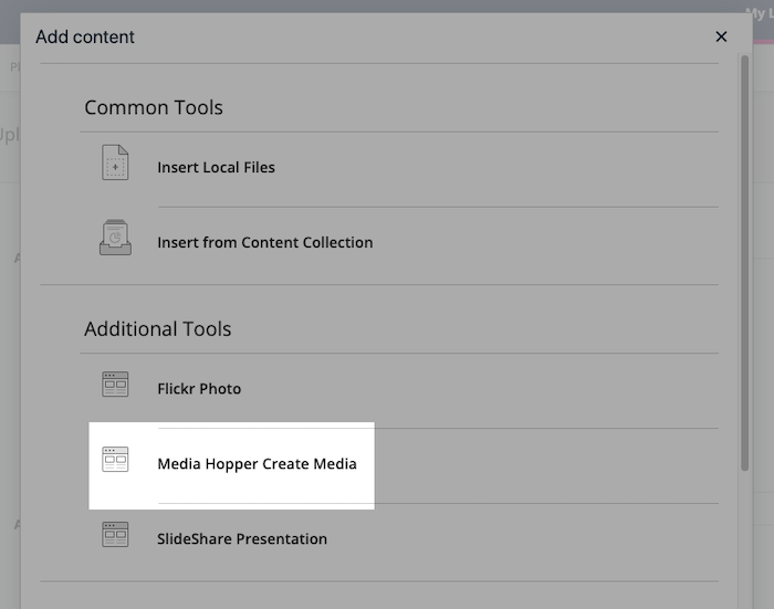 screenshot of learn showing add content modal window with media hopper create media option highlighted.