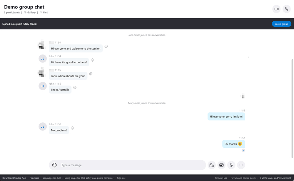 Screenshot of a Skype group chat in a web browser