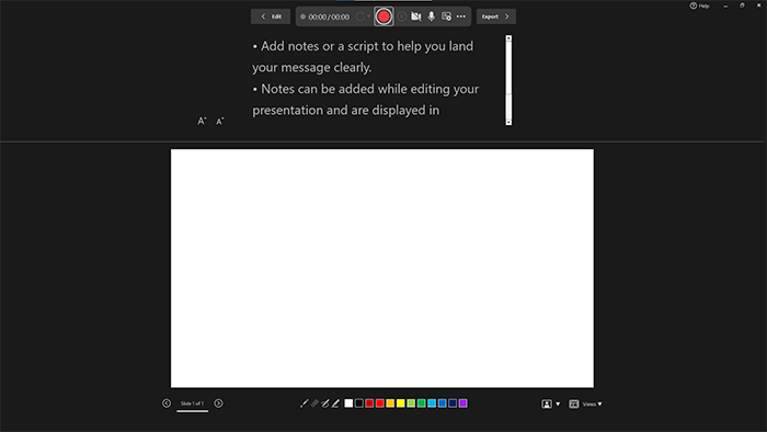 screenshot of powerpoint for office 365 (new experience) when adding audio narration to slides