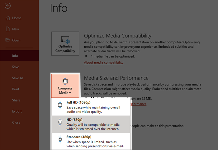 screenshot of powerpoint showing location of compress media option