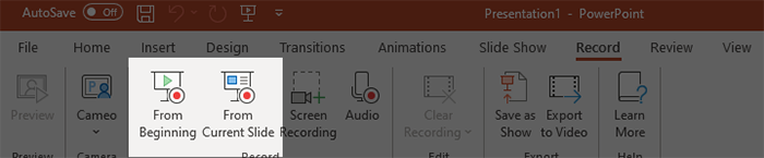 screenshot of powerpoint showing location of slide recording buttons