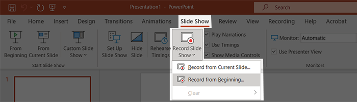 screenshot of powerpoint showing menu flow to record slide show